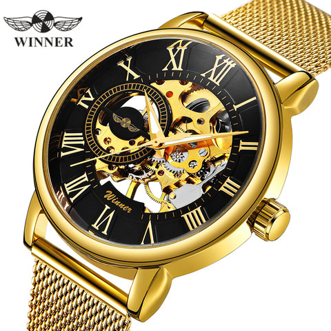 WINNER Official Top Brand Luxury Ultra Thin Golden Men Mechanical Watch Mesh Strap Skeleton Dial Men Classic Business Wristwatch ► Photo 1/6