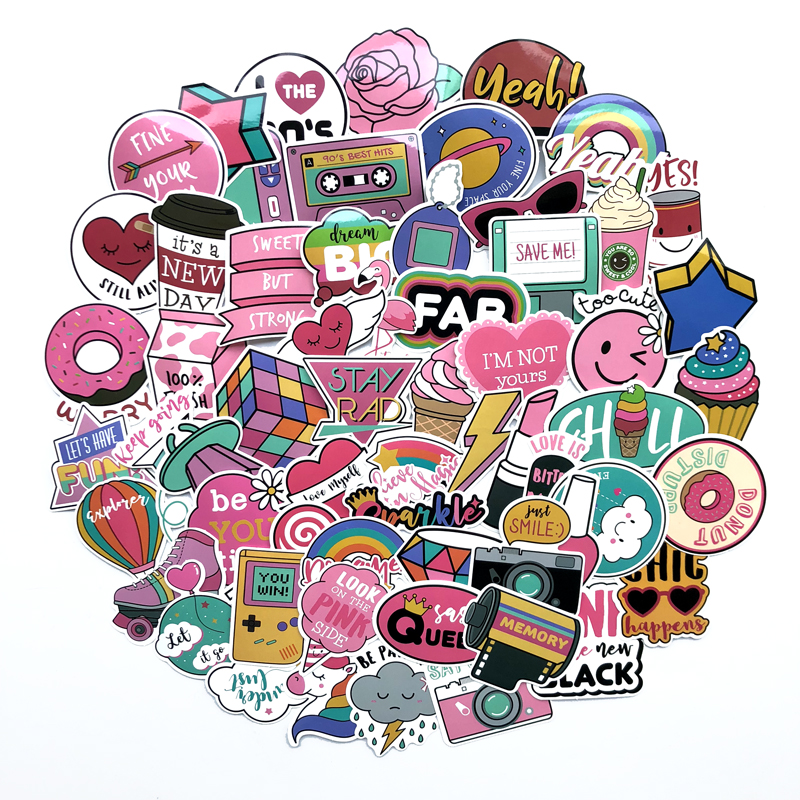 53Pcs Kawaii pink fun stickers luggage scrapbook suitcase laptop car stickerHFUK 