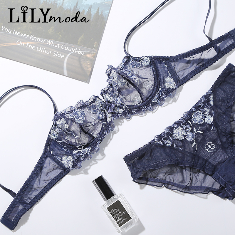 New Style Lace Transparent Embroidery Sexy Hot Underwear With Bra And Panty  Set.