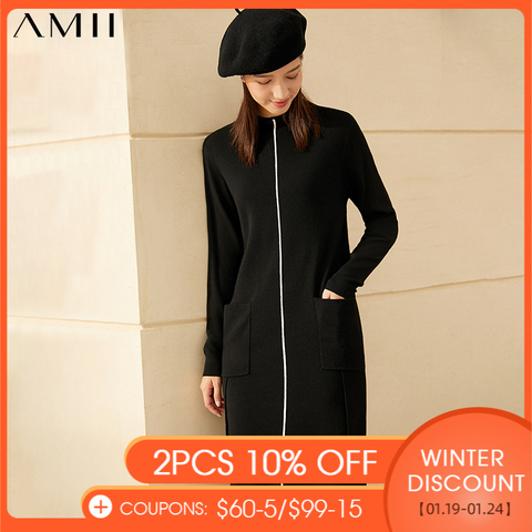 Amii Minimalism Autumn Winter Women's Dress Causal Gentle Style Knitted Oneck Slim Flim Knee-length Dresses For Women  12030471 ► Photo 1/5