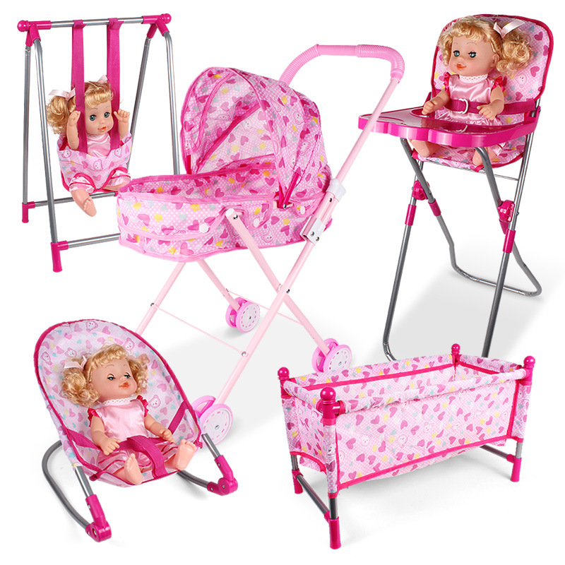 2pcs Doll Crib Bed and Baby Doll Stroller Play Toys Simulation Furniture 