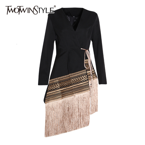 TWOTWINSTYLE Loose Fit Spliced Contrast Color Tassel Belt Jacket New V-neck Long Sleeve Women Coat Fashion Autumn Winter 2022 ► Photo 1/6