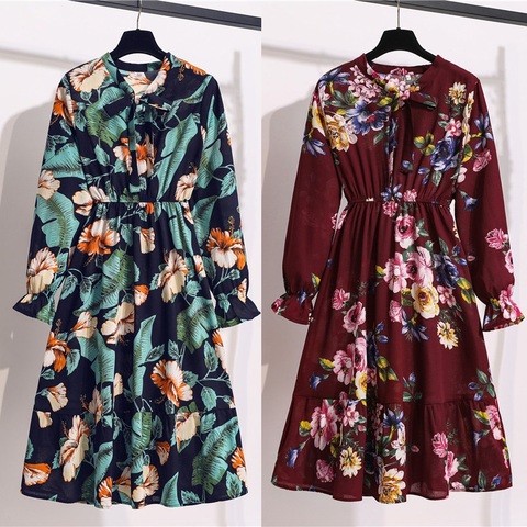 Bow Elastic Waist Midi Chiffon Dress Women Vintage Spring Summer Print Dresses New Floral Long Sleeve Slim Party Dress Vestidos ► Photo 1/6