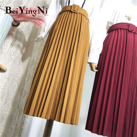 Beiyingni High Waist Women Skirt Casual Vintage Solid Belted Pleated Midi Skirts Lady 11 Colors Fashion Simple Saia Mujer Faldas ► Photo 1/6