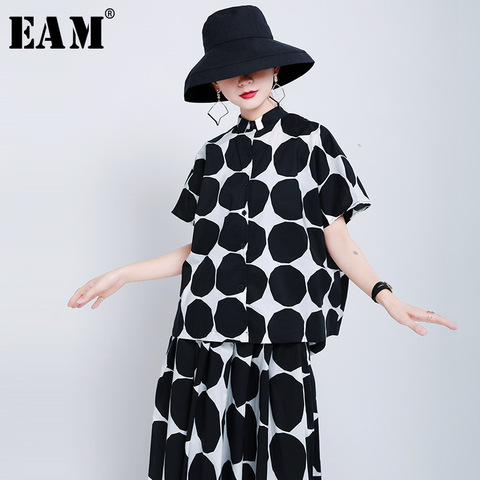 [EAM] Women Black Big Dot Printed Big Size Blouse New Lapel Short Sleeve Loose Fit Shirt Fashion Tide Spring Summer 2022 1U801 ► Photo 1/6