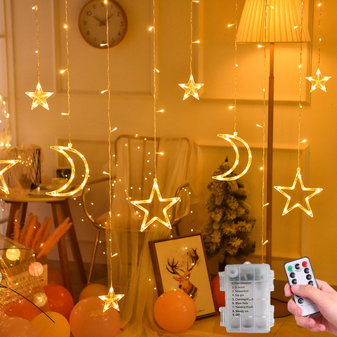 Battery Operated LED Star Moon Fairy Curtain String Lights Christmas Garland Outdoor For Home Wedding Party Garden Window Decor ► Photo 1/6
