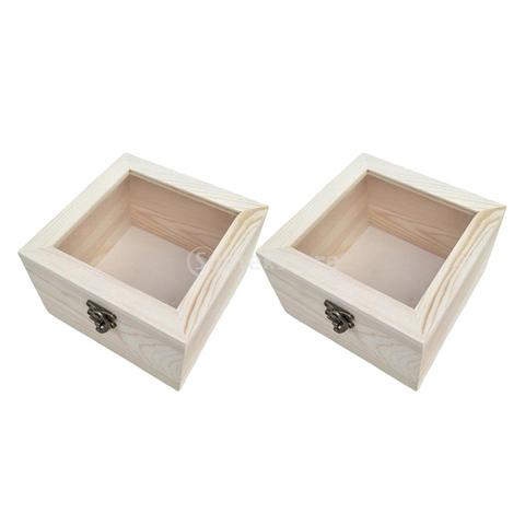 2pcs Unpainted Wooden Case Glass Top Storage Container For Ring Displaying ► Photo 1/6