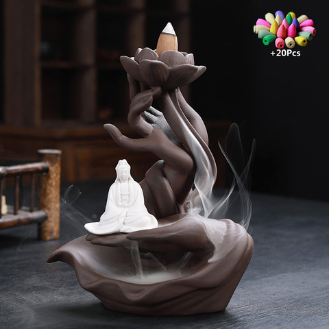 Bergamot Gently Ceramic Handcraft Buddha Hand Backflow Incense Burner Buddha Home office Decorate Lotus Incense Stick Holder ► Photo 1/6