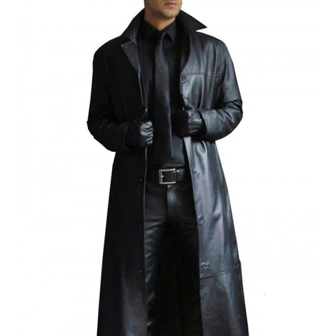 Men's Leather Trench Coat Vintage British Style Windbreaker Handsome Solid Color Slim-fit Overcoat Long Jacket Plus Size S-5XL ► Photo 1/6