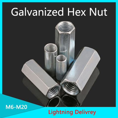 Galvanized Rod Coupling Hex Nut steel Galvanized Long Hex Nut Connection Thread Nut M6-M12 1/20PCS ► Photo 1/6