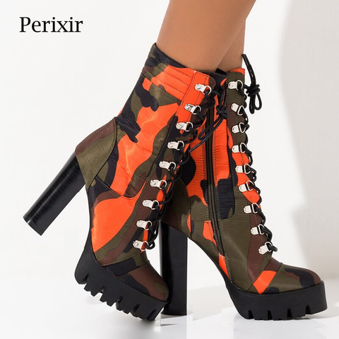 Perixir Lace Up Chunky Heel Platform Bootie Camouflage Print Round Toe Block Heel Boots Mid Calf Winter Boots Women Night Club ► Photo 1/6