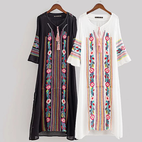 Women Vintage Floral Embroidery Ethnic Dresses Vestido Round Neck Long Sleeve Casual Long Maxi Dress Jurk Robe Longue ► Photo 1/6