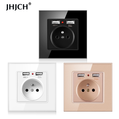 Jhjch French Standard wall socket, 16a power socket with 2100ma Dual Port USB charger, black, white, gold, 86 glass panel ► Photo 1/6
