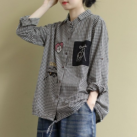 Plus Size Women Casual Shirt New 2022 Korean Style Vintage Plaid Cartoon Embroidery Oversized Female Woman Blouses Shirts P1278 ► Photo 1/6