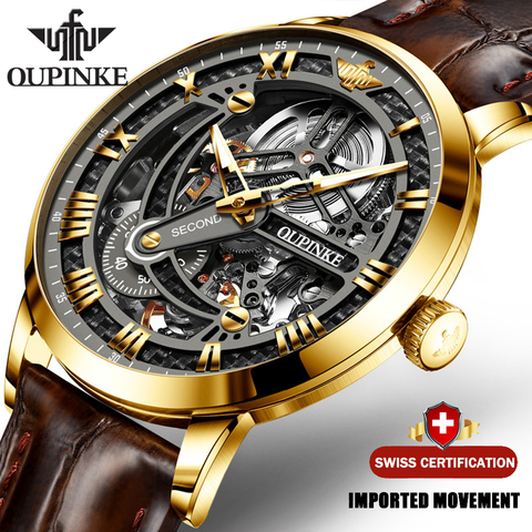 OUPINKE Luxury Brand Men Automatic Skeleton Mechanical Watch Fashion Classic Sapphire Watches Leather Luminous Water Resistant ► Photo 1/6