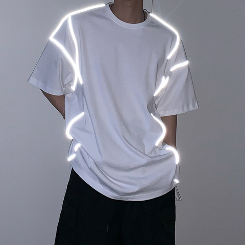 IEFB / men's wear reflective loose short-sleeved T-shirt for male fashion cotton clothes black white loose big size tops 9Y2228 ► Photo 1/6