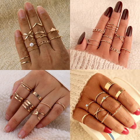 Women Gold Twist Pearl Pearl Rings Set Fashion Geometric Hollow Crystal Ring For Women Heart Joint Rings Boho Jewelr Accessories ► Photo 1/6