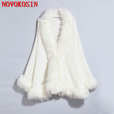 SC371 13 Colors White Open Stitch Long Bawting Sleeves Shawl  2022 Sample Black Poncho Big Faux Fox Fur Neck Cloak Knitted Coat ► Photo 1/6