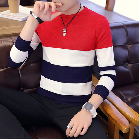 Hot sale men's sweater 2022 Spring Autumn new students South Korean Slim youth striped sweater red and black two colors M-XXL ► Photo 1/6