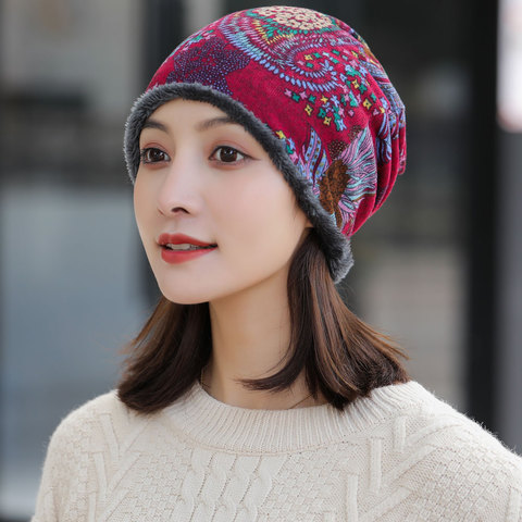 2022 Winter Hat Women Plus velvet Beanie Cap Print Warm Red Fashion Gorro Caps Soft Bonnet ► Photo 1/6