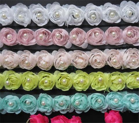 Soluble Chiffon Rose Flower Pearl Embroidered Fabric Lace Trim Ribbon Handmade DIY Sewing Supplies Craft For Costume Decoration  ► Photo 1/5