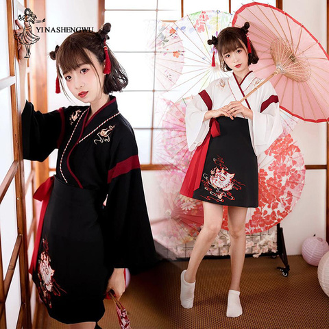 Japanese Dress Kimono Woman Black White Cat Embroidery Skirts Vintage Asian Clothing Yukata Haori Cosplay Party 2 Pieces Sets ► Photo 1/5