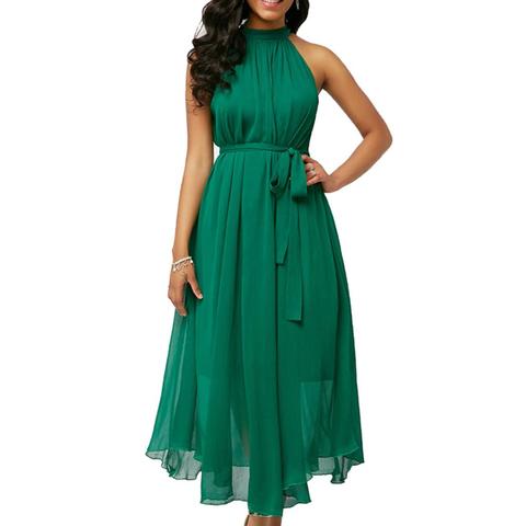 Plus Size Women Summer Solid Color Pleated Chiffon Sleeveless Belted Maxi Dress ► Photo 1/6