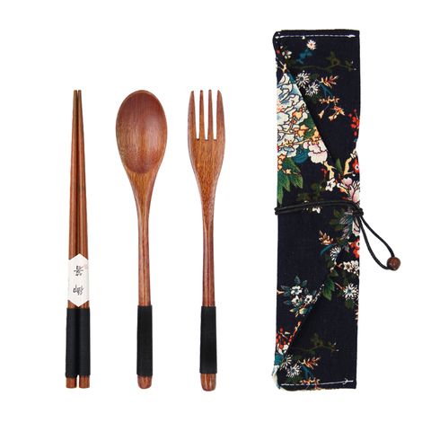 Portable Wood Tableware Wooden Cutlery Sets Travel Dinnerware Suit Environmental with Cloth Pack Gifts set ► Photo 1/6