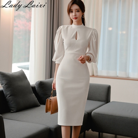 Fashion Stand Collar Puff Sleeve bodycon Dress Female Pencil Dresses 2022 Spring Slim Casual Solid color Midi Dress New ► Photo 1/6