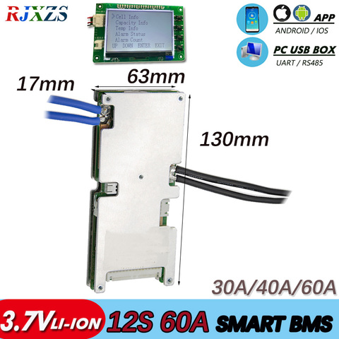 12S 30A/40A/60A 50.4v bms 12s new Li-ion smart bms pcm with android Bluetooth app UART  bms wi software (APP) monitor ► Photo 1/5