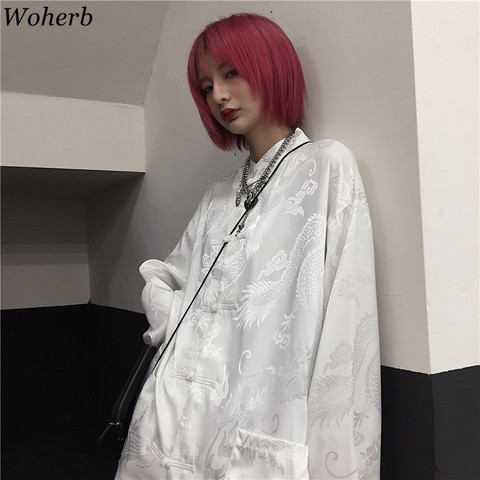 Woherb Women Man Blouse Dragon Print Harajuku Streetwear Chinese Style Stand Collar Buckle Vintage Black White Shirt Blusas ► Photo 1/6