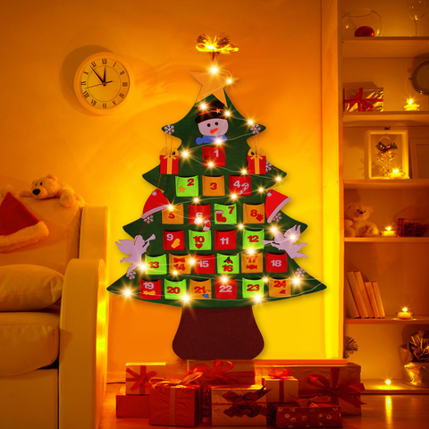 Behogar 24 Days Felt Advent Calendar Christmas Tree Countdown Hanging Ornaments with String Light for Christmas Wall Decorations ► Photo 1/6