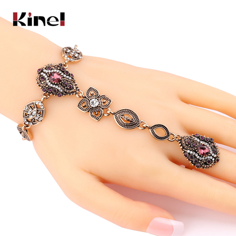Kinel 2022 Fashion Crystal Flower Vintage Jewelry Sets Unique Bracelets And Rings For Women Gold Color Luxury Turkey Jewelry ► Photo 1/6