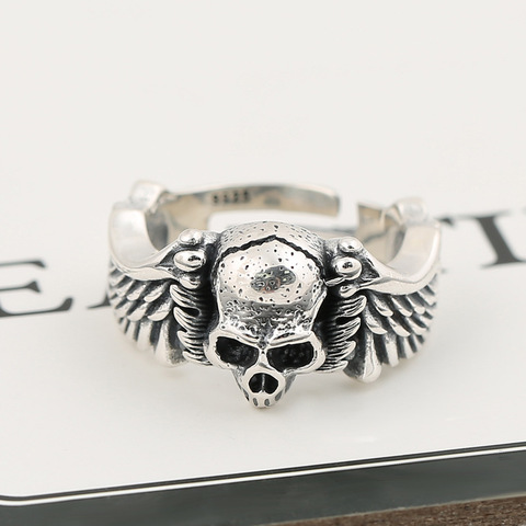 Sterling Silver 925 Punk Hip Hop Style Jewelry Ring Personality Wing and Skull Shape Opening Resizable Ring Valentine's Day Gift ► Photo 1/1