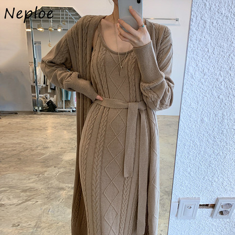 Neploe 2022 Autumn New Twist Patchwork Dress Chic Long Knitted Sweater Dresses Solid Color Sexy Camis Split Femme Vestidos ► Photo 1/6