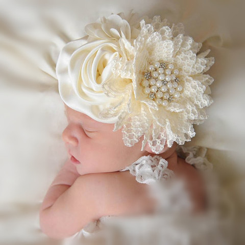 Baby girls Flower Headband Newborn Infant Pearl Flowers With Lace wide Headbands Bebes Hair accessories Phoro props Kids Turban ► Photo 1/6