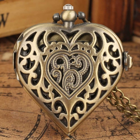 Romantic Heart Shape Quartz Pocket Watch Bronze/Silver/Black Necklace Pendant Chain Ladies Watch Souvenir Gifts for Girls Women ► Photo 1/6