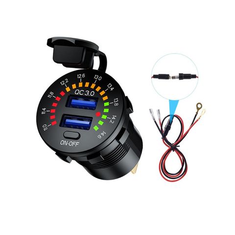12V 24V QC 3.0 Dual USB Car Charger Waterproof 18W USB Outlet Fast Charge with LED Voltmeter ON OFF Switch Power Cable ► Photo 1/6
