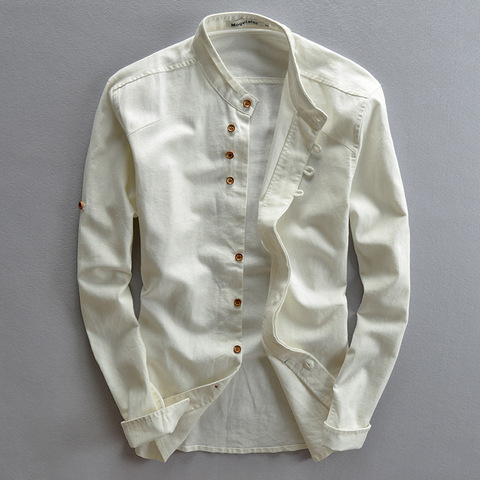 Men Spring Autumn Fashion Japan Vintage Style Premium Linen Stand Collar Slim Fit Single Breasted Simple Design Casual Shirts ► Photo 1/5