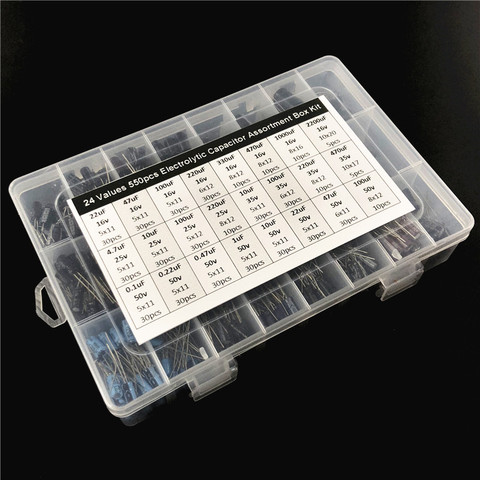 24 values 550pcs 16V/25V/35/50V (0.1uF to 2200uF) mix Electrolytic capacitor Assorted kit with storage box ► Photo 1/3