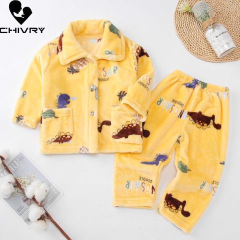 New Kids Boys Girls Autumn Winter Flannel Pajama Sets Cartoon Print Long Sleeve Lapel Tops with Pants Sleeping Clothing Sets ► Photo 1/6