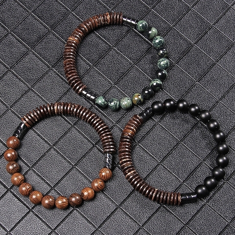 Natural Stone Round Beads Coconut Wood Flake Bracelets Bloodstone Lava Stone Wooden Bead Male Bracelet Unique Style For Men Gift ► Photo 1/6