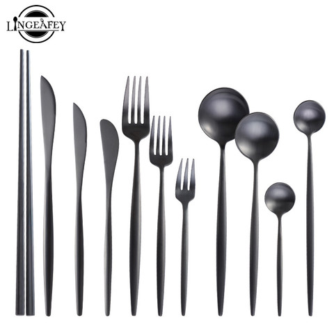 Matte Black Cutlery Set Stainless Steel Flatware Set Kitchen Silverware Steak Tableware Dinnerware Spoon Fork Knife Chopsticks ► Photo 1/6