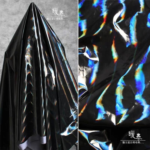 Rainbow Laser Down Fabric Holographic Bright black DIY Down Jacket Tight Trousers Doll Hat Bags Waterproof Designer Fabric ► Photo 1/4