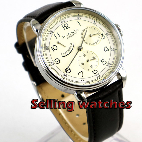 Solid 42mm PARNIS men's watch DATE Power reserve Beige dial polished case Automatic movement wrist watch ► Photo 1/6