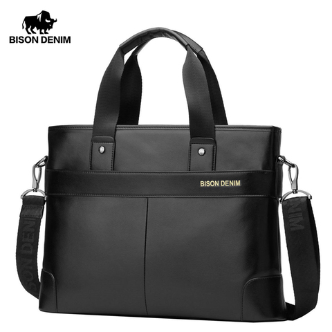 BISON DENIM Cowhide Briefcase Business Travel Bag Male Computer Laptop Handbag Casual Shoulder Crossbody Bag Messenger N2195-1 ► Photo 1/6