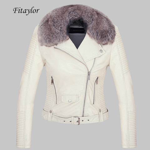 Fitaylor Women Winter Warm Faux Leather Jacket Coat With Fur Collar Female Pink Pu Motorcycle Jacket Biker Punk Black Outerwear ► Photo 1/6