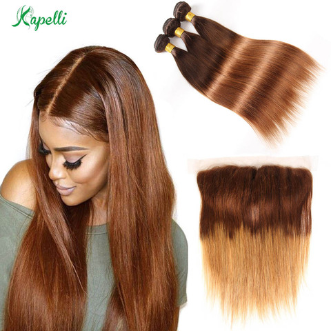 Ombre Bundles With Frontal Brazilian Straight Hair 3 Blonde Bundles With Closure 13x4 Human Hair Bundles Non-Remy Hair Weave ► Photo 1/6