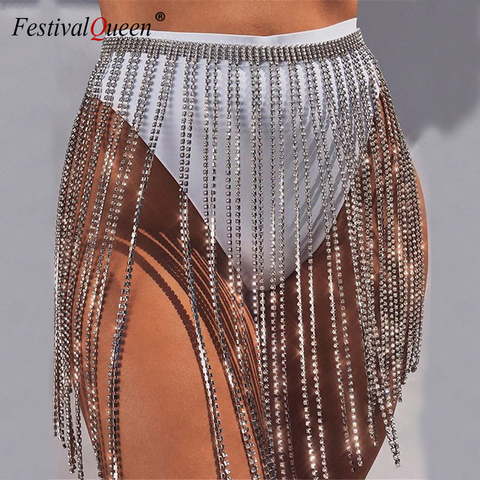 Glitter Rhinestone Long Tassel Skirts Gold Silver Crystal Diamonds Loose Adjustable Sexy Women Summer Beach Bikini Mini Skirt ► Photo 1/6