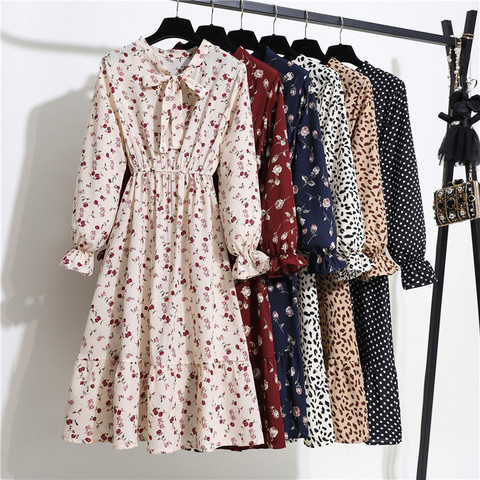 2022 Floral Print Women Dress Female Autumn Long Sleeve Vintage Chiffon Bow Tie Neck Office Lady Shirt Dress Summer Vestidos ► Photo 1/6